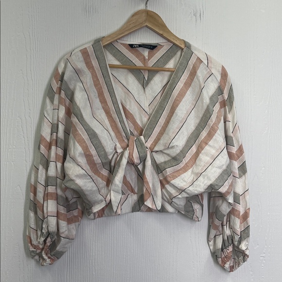 Zara - Striped Colorful Linen Blend Long Sleeve Crop Tie Blouse Size Medium - Picture 6 of 8